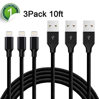 ONSON iPhone Cable,3Pack 10FT Extra Long Nylon Braided Cord Lightning Cable Certified to USB Charging Charger for iPhone 7/7 Plus/6S/6S Plus,SE/5S/5,iPad,iPod Nano 7 - Black
