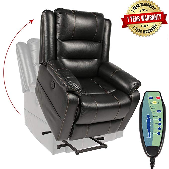 PieDle Electric Power Lift Recliner Chair,Recliners for Elderly, Home Sofa Chairs with Heat & Massage, Remote Control, 3 Positions, 2 Side Pockets and USB Ports (Leather, Black)