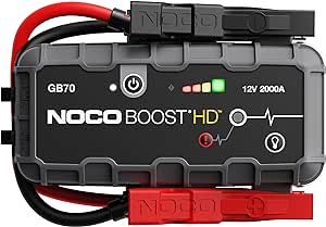 NOCO Boost HD GB70 2000A UltraSafe Car Battery Jump Starter, 12V Battery Booster Pack, Jump Box, Portable Charger and Jumper Cables for 8.0L Gasoline and 6.0L Diesel Engines, 7.4"Dx3.7"Wx12.6"H Gray