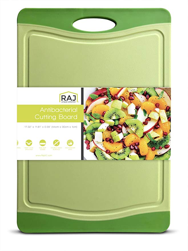 Raj Plastic Cutting Board Reversible Cutting board, Dishwasher Safe, Chopping Boards, Juice Groove, Large Handle, Non-Slip, BPA Free, FDA Approved (18", White/Green)