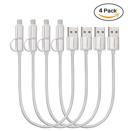 Rukerway Short USB Cable Charger 2in1 25cm, 4 Packs, Lighnting Cable & Micro USB Chord for iPhone Android, Compatible Perfectly with Multi-Port Charger Station and USB Hub (Silver)