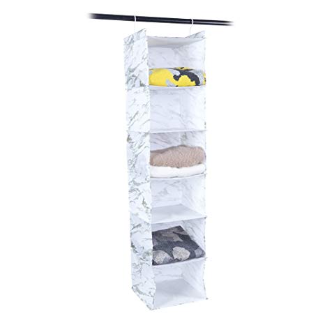 MustQ Hanging Closet Organizer, Space Saver, Marbling Printing,White (6-Shelf)