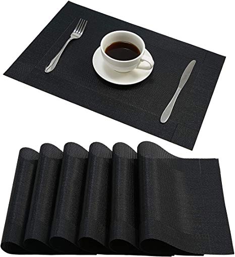 Nacial Placemats PVC Black Heat Resistant Placemat Washable Non-Slip Table Mats Set of 6 for Dining Kitchen Restaurant Table
