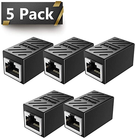 RJ45 Coupler 5 Pack Shielded Inline Gigabit Ethernet LAN Internet Network Patch Couplers Connectors for Cat7/Cat6a/Cat5e Ethernet Cable Extender Adapter Female to Female – Black