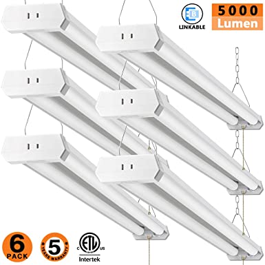 LED Shop Light for garages,4FT 5000LM,42W 6000K Daylight White,LED Ceiling Light, LED Wrapround Light, with Pull Chain (ON/Off),Linear Worklight Fixture with Plug, cETLus Listed 6PACK 60K