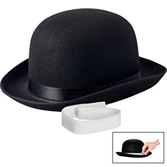 NJ Novelty Black Derby Hat, 5" Tall Felt Bowler Hat Dress Up Costume Accessory   White Band