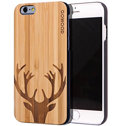 iPhone 6 / 6S Wood Case | Real Natural Bamboo Deer Design Engraved on Backside and Durable Hard Polycarbonate Shockproof Bumper with Shock Absorbing Rubber Coating