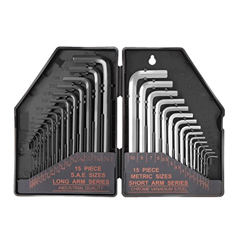 Tacklife Hex Key Wrench Set HHW1A Allen Keys with 15 Black Long Arm(Inches): 0.028”Up To 3/8" and 15 Matte Finished Short Arm(Metric): 0.7mm Up To 10 mm, 30-Piece