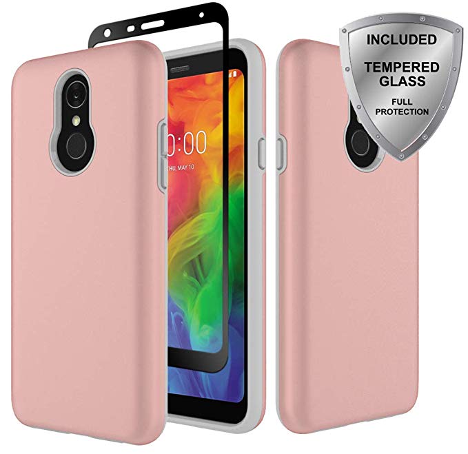LG Q7 Case, LG Q7 Plus case, ChangeJ Heavy Duty Shockproof Reinforced Hard PC Frame and TPU Bumper with Tempered Glass Screen Protector Protective Case for LG Q7 / Q7 Plus - Rose Gold