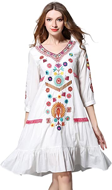 Shineflow Womens Casual 3/4 Sleeve Floral Embroidered Mexican Peasant Dressy Tops Blouses Dress Tunic