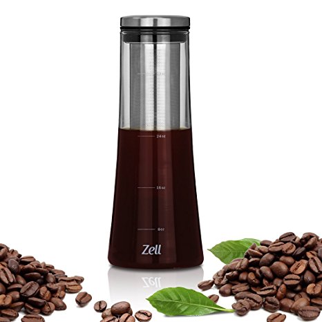 Cold Brew Coffee Maker | Strong borosilicate glass cold coffee maker | Fine mesh stainless steel filter | Make iced coffee, iced tea or fruit infused water | 1 Quart (1000 ml) | by Zell