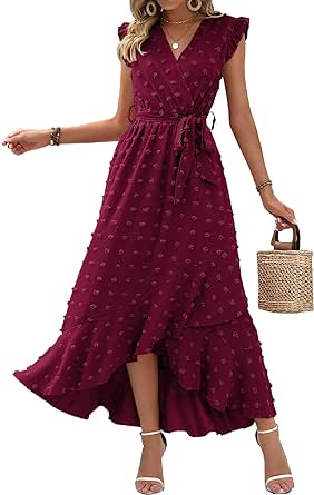 BTFBM Women's 2024 Summer Wrap V Neck Dress Ruffle Sleeve Swiss Dot Boho Ruffle Slit Beach Party Flowy Long Maxi Dresses