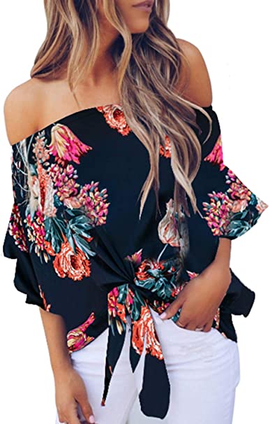 Asvivid Womens Summer Floral Pinted Off The Shoulder Tops 3 4 Flare Sleeve Tie Knot T-Shirt Blouses