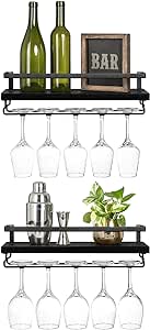 Mkono Wall Mounted Wine Rack Set of 2 Wood Shelf Rustic Wine Bottle Glass Floating Shelves with Stemware Hanger Modern Plants Photos Wine Display Storage Holder for Kitchen Dining Room Bar, Black