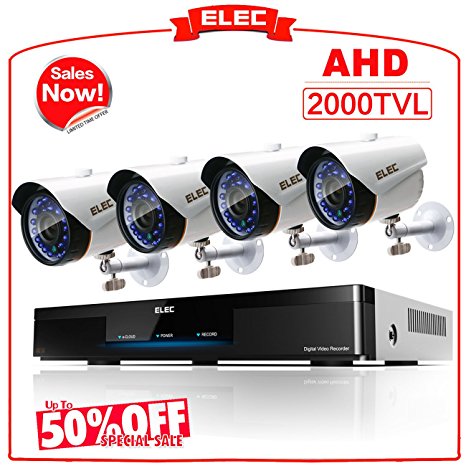 ELEC 1080N HD Outdoor &Home Security Camera System CCTV Monitoring Video Surveillance DVR Kit with 4pcs Weatherproof Infrared Night Version 2000TVL Cameras Remote Access√ Motion Alerts [No Hard Drive]