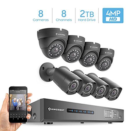 Amcrest UltraHD 4MP 8CH Video Security System - Eight 4MP Weatherproof IP67 Bullet & Dome Cameras, Pre-Installed 2TB Hard Drive, HD Over Analog/BNC, Smartphone View (Black)