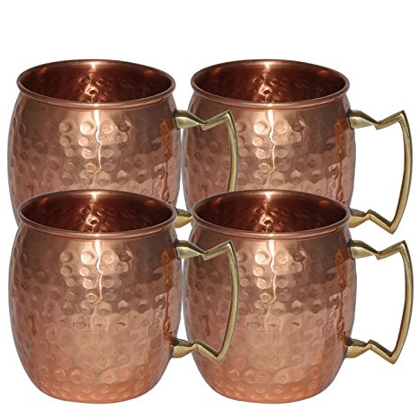 BIGOCT Handmade Pure Copper Hammered Moscow Mule Mug Pure Solid Copper Brass 16Oz, Set of 4