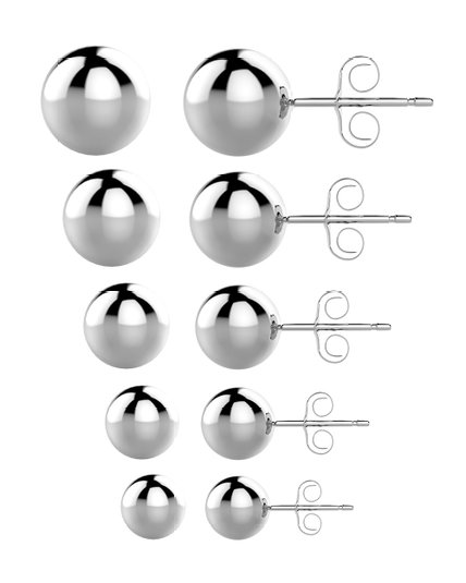 Uhibros 316L Surgical Stainless Steel Round Ball Studs Earrings 5 Pair Set Assorted Sizes