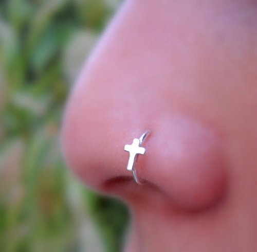 Nose Ring Hoop - Nose Piercing - Cartilage Tragus Earring - Sterling Silver - Cross - 20G to 16G