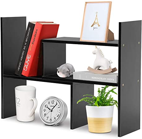 Desktop Organizer, Freestanding Desk Office Organizer Bookcase DIY Table Storage Rack Adjustable Display Shelf on The Desk for Home and Office (Black)