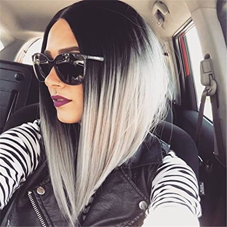 Black and Grey Ombre Bob Wig for Women Short Straight Full Wig