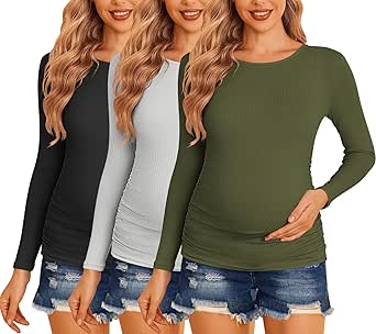 Ekouaer Maternity Shirts 3 Packs Women Long Sleeve Pregnancy Tee Tops Tunic Blouse Ribbed Side Ruched Mama Clothes S-XXL