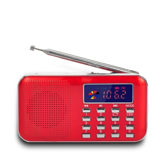 Gtide Mini Portable MP3 Music Player Charging Digital LED Display Panel AM/FM Stereo Speaker USB TF Card-Red