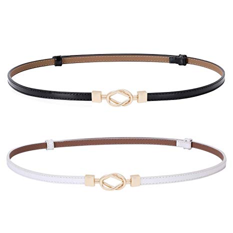 Leather Skinny Women Belt Thin Waist Belts for Dresses Up to 37 inches with Interlocking Buckle 2 Pack