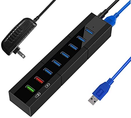 8-Port USB Hub, 36W 6 High Speed USB3.0 Data Transfer Ports, 1 BC1.2 and 1 Smart Charging Ports USB Hub USB Splitter with Power Adapter for PC, USB Flash Drives, Mouse and More (Black)