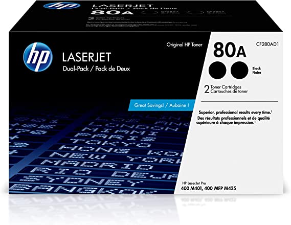 HP 80A Black Toner Cartridges (2-pack) | Works with HP LaserJet Pro 400 M401 Series, HP LaserJet Pro 400 MFP M425 Series | CF280AD1