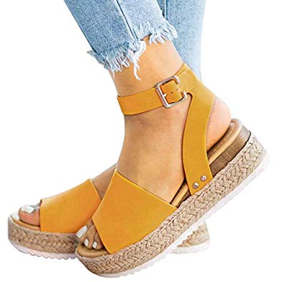 Ru Sweet Women's Espadrille Wedges Sandals Peep Toe PU Belt Buckle Blocking Adjustable High Platform Ankle Strap Summer Shoes