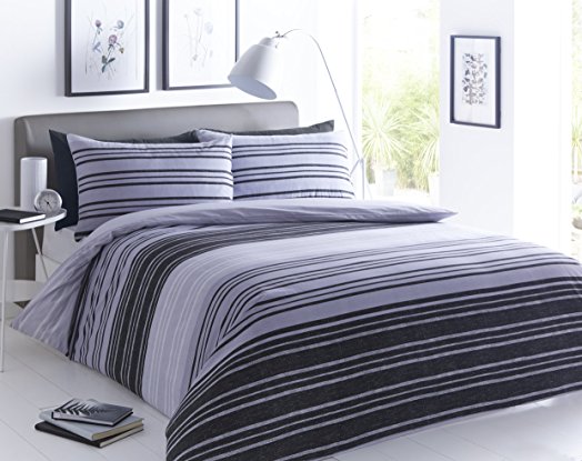 Pieridae Textured Stripe Black Grey Duvet Cover & Pillowcase Set Bedding Quilt Case Single Double King Superking (King)