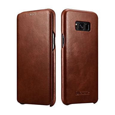Galaxy S8 Case,Icarercase Genuine Vintage Leather Side Open Flip Folio Cover Case in Curved Edge Series with Hidden Magnetic Snap for Samsung Galaxy S8 (S8 Plus Brown)