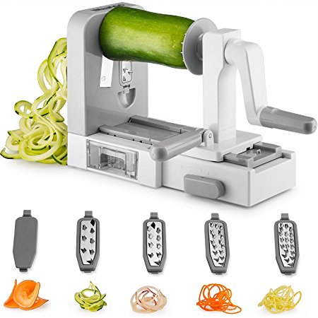 Gourmia GSS9615 Foldable Manual Spiralizer Vegetable Mandolin Slicer - 5 Stainless Steel Blades for Thick and Thin Pasta Spirals - No-Skid Suction Feet - Storage Container - BPA Free