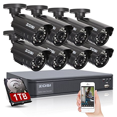 ZOSI 8CH CCTV System Kit 2CH D1 6CH CIF Recording Home Security DVR with 8PCS 800TVL 24IR IP66 Day&Night Color CMOS Cameras 65ft Night Vision Surveillance Smart Security Kit with 1TB HDD