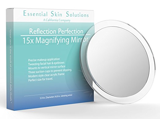 15X Magnifying Mirror – Use for Makeup Application - Tweezing – and Blackhead / Blemish Removal – Round Mirror with Three Suction Cups for Easy Mounting , 6 Inch
