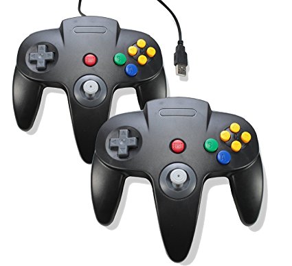 Bowink 2 pack Classic Retro N64 Bit USB Wired Controller for PC - Black Black