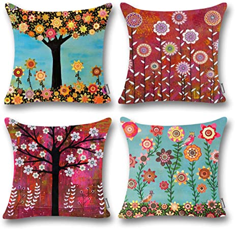 ONWAY Flower Tree Throw Pillow Covers Oil Painting Floral Decorative Pillow Covers for Couch Patio and Sofa 18 x 18, Set of 4
