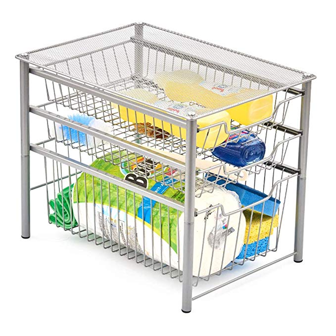 EZOWare 3-Tier Pull Out Sliding Drawer Multipurpose Storage Organizer Rack Ideal for Use Under the Sink, Bathroom, Cabinet, Office Desks, Counter top, Pantry, and Kitchen - Silver