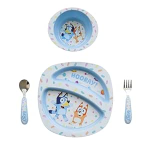 The First Years Bluey 4-Piece Place Setting - BPA Free Dishwasher Safe Toddler Dinnerware Set with Divided Plate, Bowl, Fork, Spoon - Multicolor