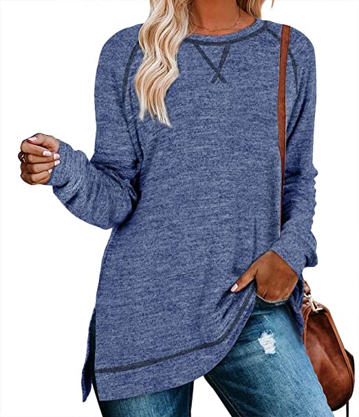 Aokosor Women's Long Sleeve Loose Casual Fall Pullover Side Split Tunic Tops