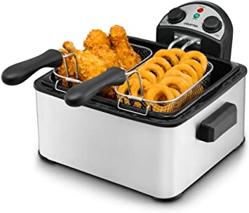 Gourmia GDF450 Compact Electric Deep Fryer 3 Baskets Dual Thermostat & Timer Stainless Steel 4.2 Quart/18 Cups of Oil 4 Lbs. Food Capacity 1700W Anti-Grease Fry Filter with Free E-Recipe Book -110V