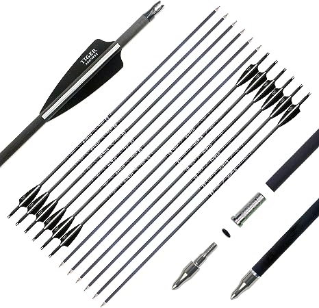 TIGER ARCHERY 400-30inch Carbon Hunting Arrows Archery Target Practice Arrows with Removable Tips for Recurve Bow and Compound Bow 12-Pack