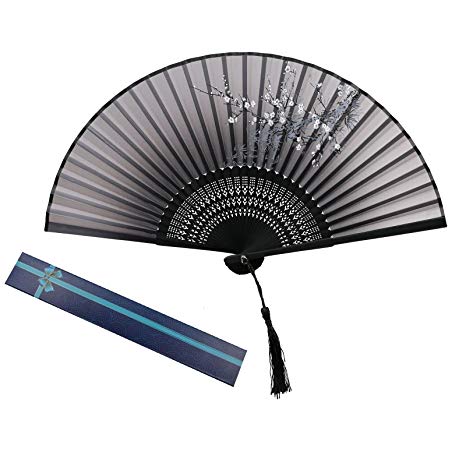 KAKOO Silk Folding Fan Chinese Style Plum Blossom Pattern Design Bamboo Hand Held Fans for Dancing Wedding Party Props Home Office Wall Decoration (Black)