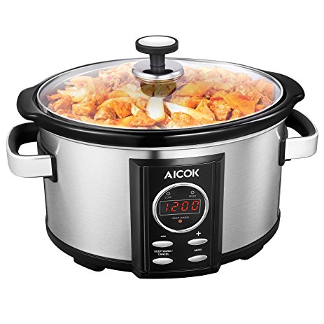 Aicok Slow Cooker, 7 Quart, Electric Slow Cooker, Programmable Cook, Carry Oval Cooker, Digital Timer, Tempered Glass Lid, Removable Ceramic Cooking Pot, Stainless Steel, Silver