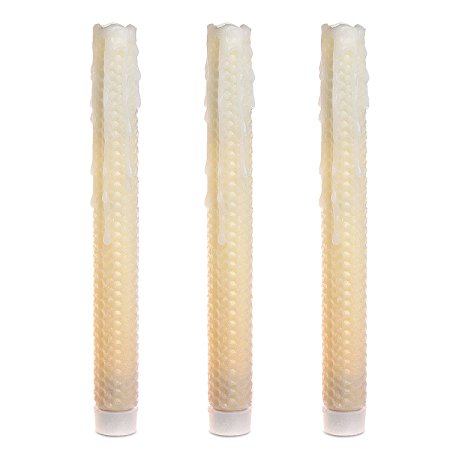 Taper Candles-Led Melted Dripping HoneyComb Flickering Flameless Candles With Timer,9 inch tall,Ivory,Pack of 3