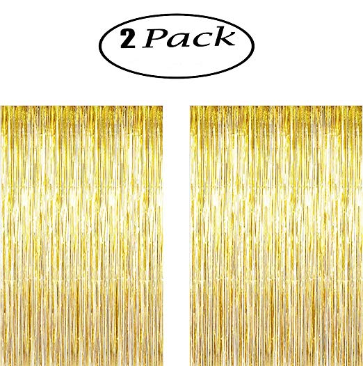 KKONETOY 2 Pack of Large 3.2 ft x 9.8 ft (1M x 3M) Metallic Tinsel Foil Fringe Curtains,Glitter Streamers for Party Photo Backdrop Wedding Decor,Gold Decorations,Highlights for This Product for Party