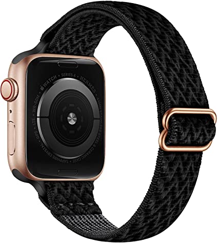 SICCIDEN Slim Stretchy Bands Compatible with Apple Watch Band 45mm 44mm 42mm 41mm 40mm 38mm, Elastics Nylon Thin Band Strap for iWatch SE Series 7 6 5 4 3 2 1 (Dark Black/Rose Gold, 45mm 44mm 42mm)