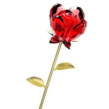 My Glass Rose | Sweet Romantic Red Glass Rose in Elegant Pink Present Box, Long Gold Stem, Exquisite Alternative To Real Flowers, for Valentine, Birthday, Anniversary