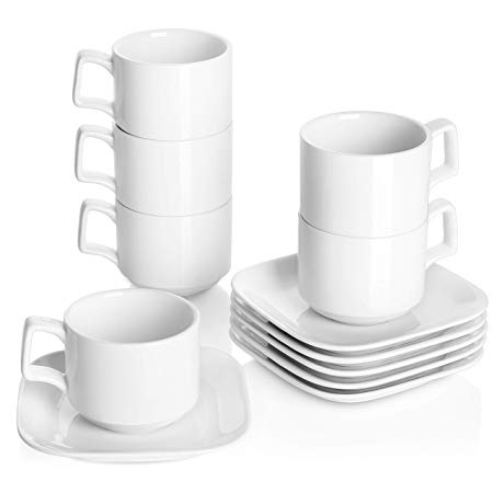 DOWAN Porcelain Coffee Cups with Square Saucers, 9 Ounces for Specialty Coffee Drinks, Cappuccino and Tea, Stackable Cups Set of 6, White